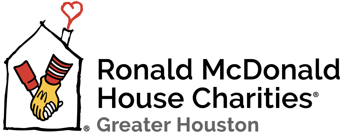 Logo of Ronald McDonald House Charities Greater Houston with a drawing of a house, a red heart on the chimney, and two hands shaking inside the house.