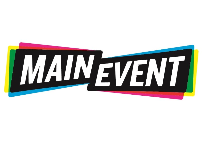 Colorful logo with the text "Main Event" in bold white letters, set against a background of overlapping black, pink, yellow, green, and blue geometric shapes.