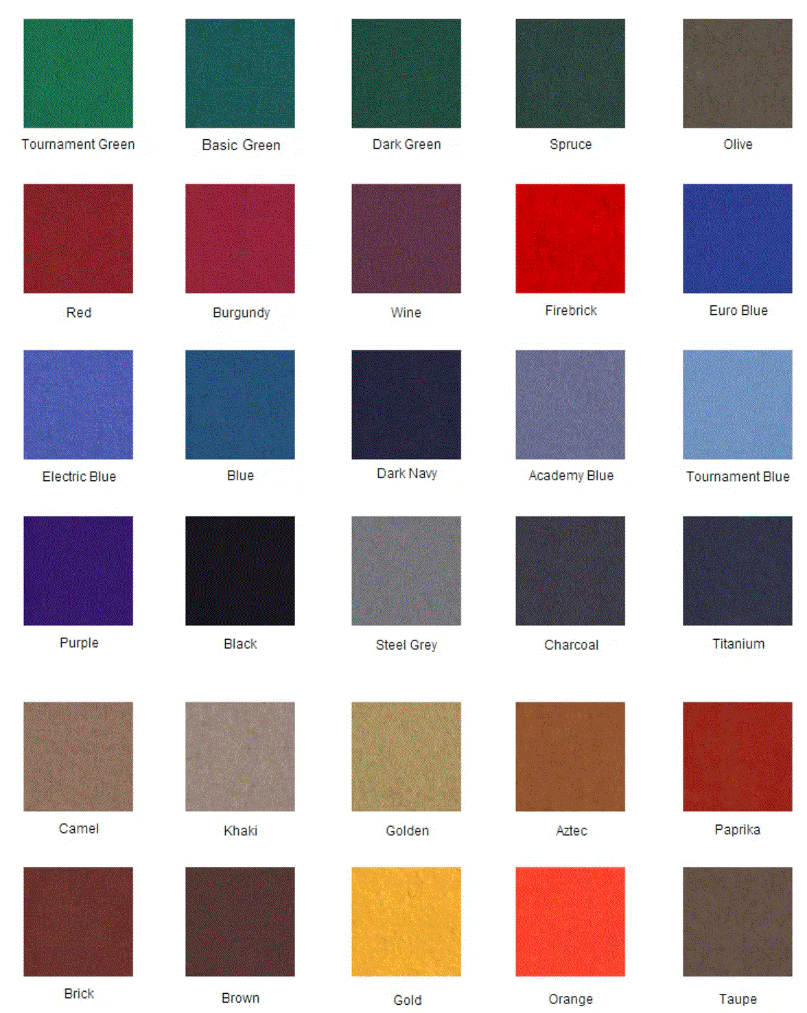 standard felt color chart