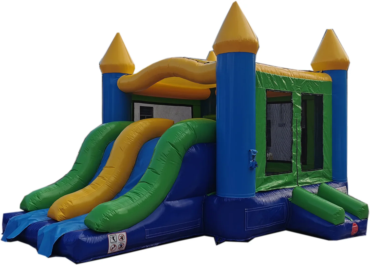 Colorful inflatable bounce house with slides, castle towers, and a green and blue color scheme.