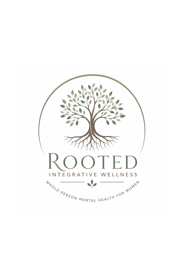 Logo with a tree and roots, the word "ROOTED" underneath, and the phrases "INTEGRATIVE WELLNESS" and "WHOLE-PERSON MENTAL HEALTH FOR WOMEN".