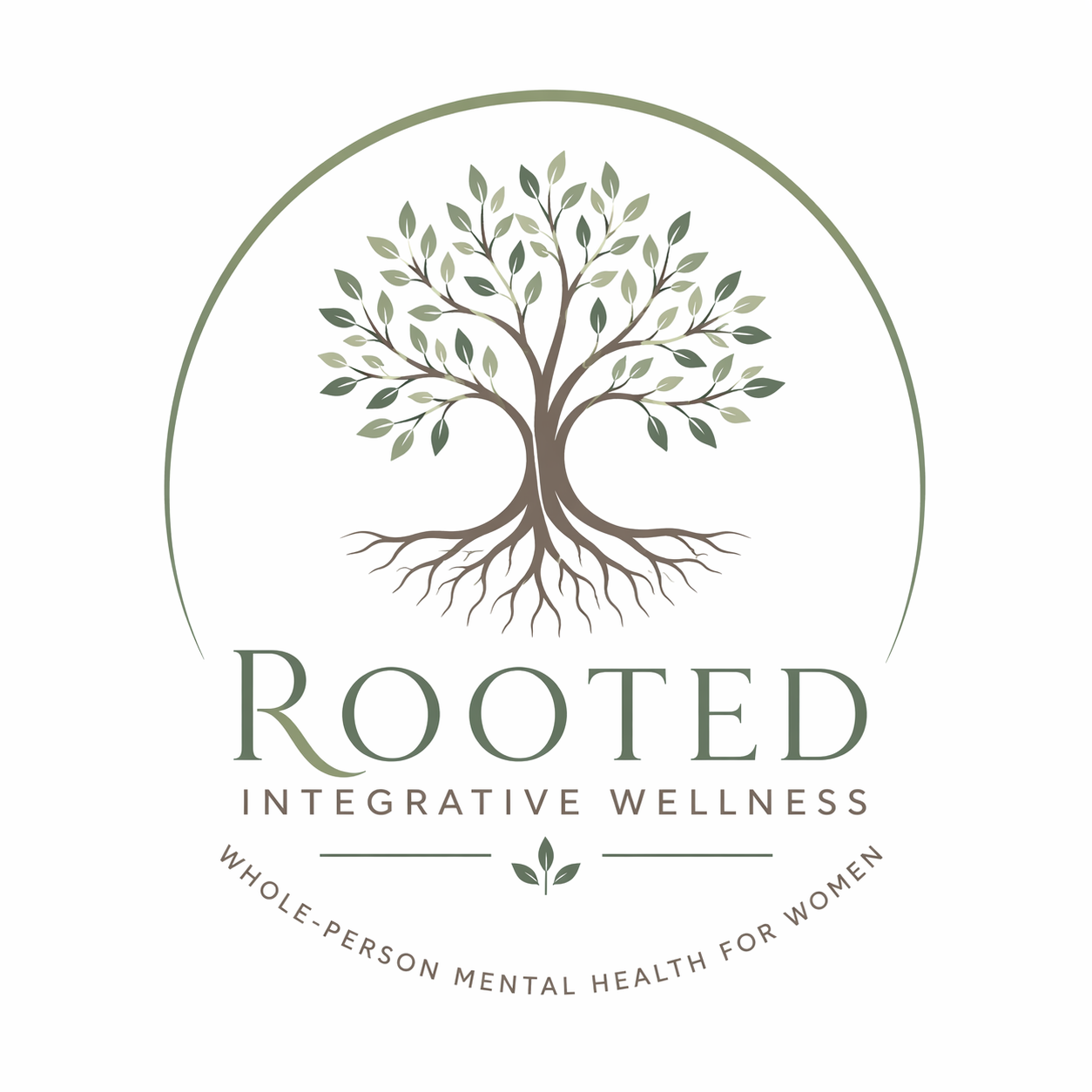 Logo of Rooted Integrative Wellness featuring a stylized tree with roots and leaves, and the text 'Rooted' along with 'Whole-Person Mental Health for Women'.