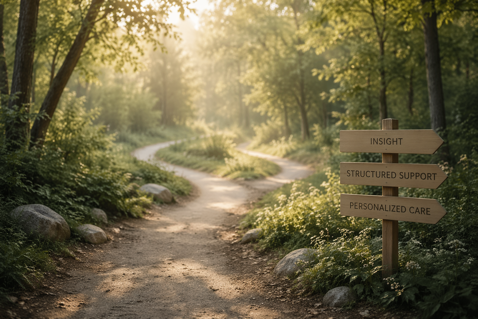 A dirt trail winding through a sunlit forest with green trees and bushes, and a wooden signpost with three arrows labeled 'Insight,' 'Structured Support,' and 'Personalized Care'.