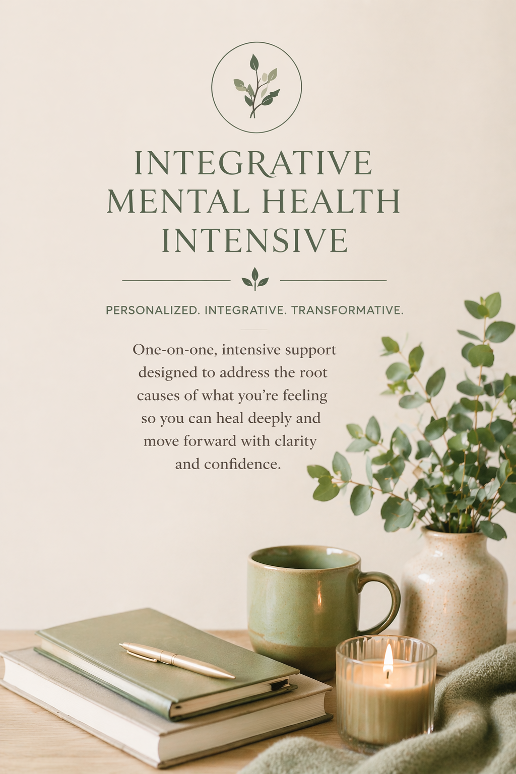 Poster for integrative mental health intensive program with greenery, candle, notebook, and mug on a table.