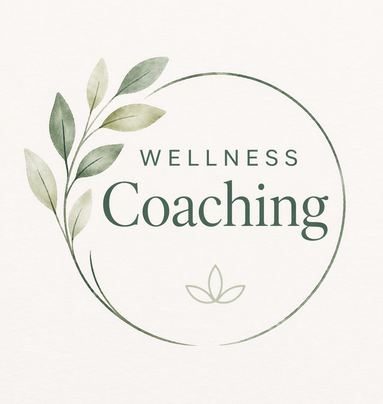 A logo for Wellness Coaching featuring green watercolor leaves and simple line art, with the words "Wellness Coaching" in a clean, elegant font.