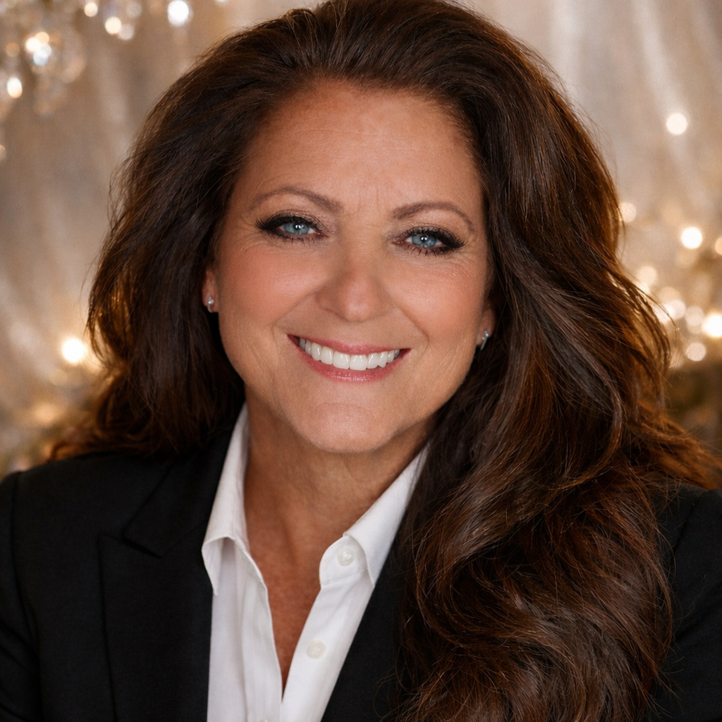 A woman with long, wavy brown hair and blue eyes smiling, dressed in a black blazer and white shirt, with a blurred, light-colored background.
