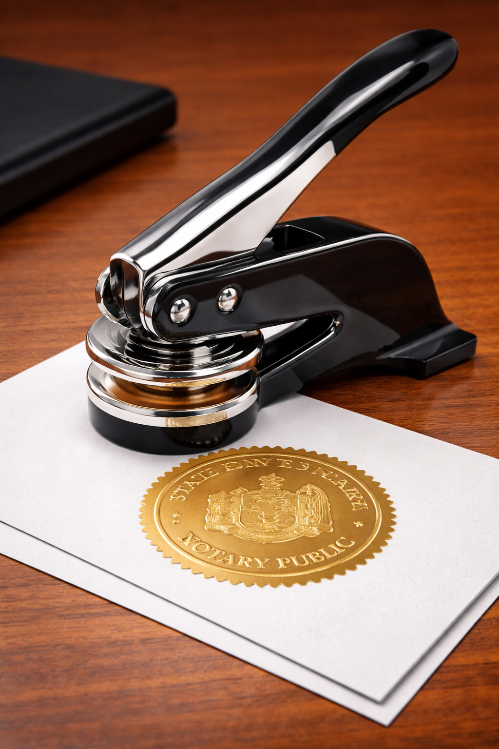 A gold medal embossing seal stamped on a white paper with a black and silver hole punch placed on top, on a wooden desk.
