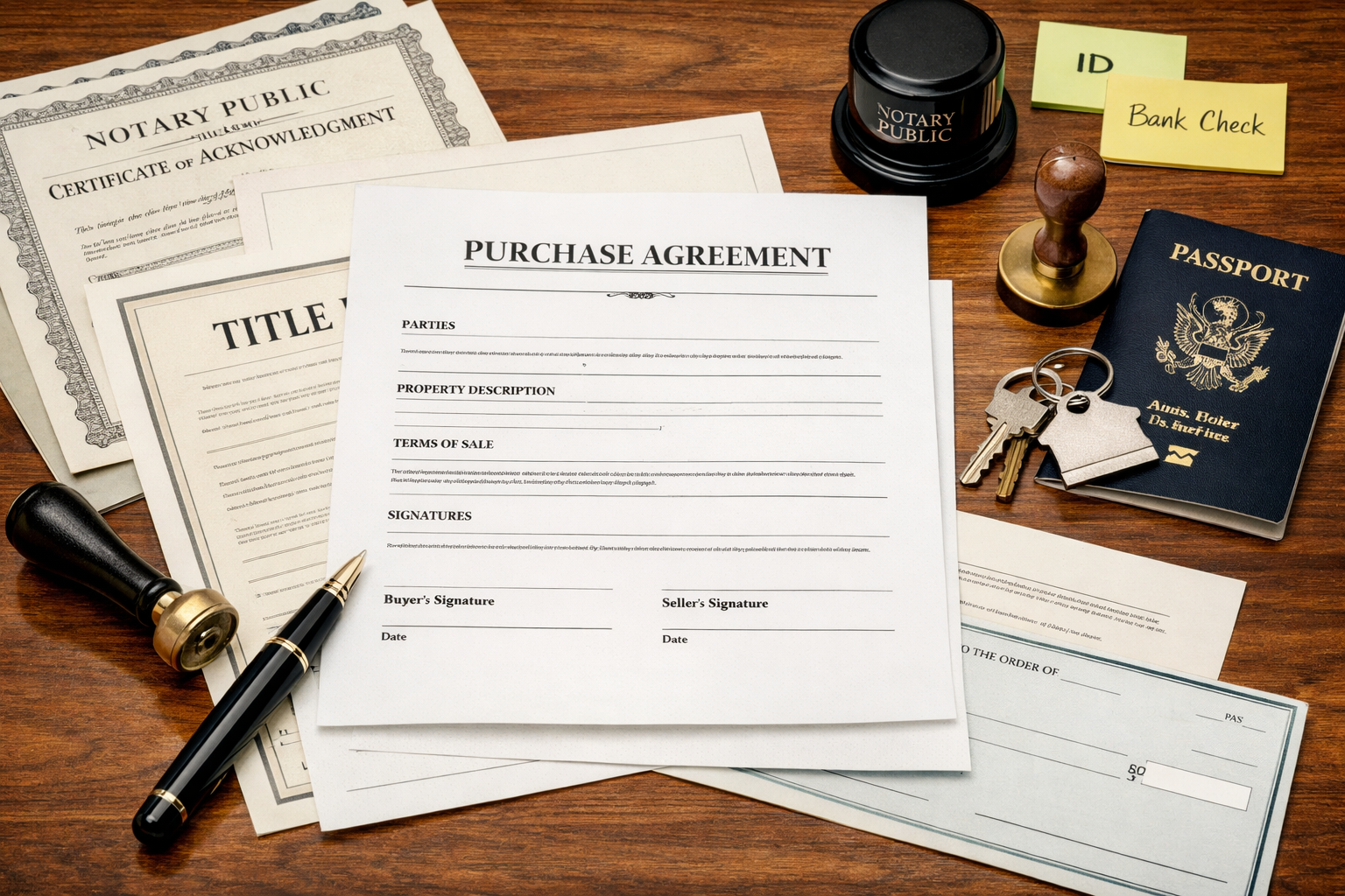 Legal and travel documents on a wooden desk, including a purchase agreement, notary public certificate, title documents, a passport, a set of keys, a stamp, a pen, sticky notes, and a bank check.