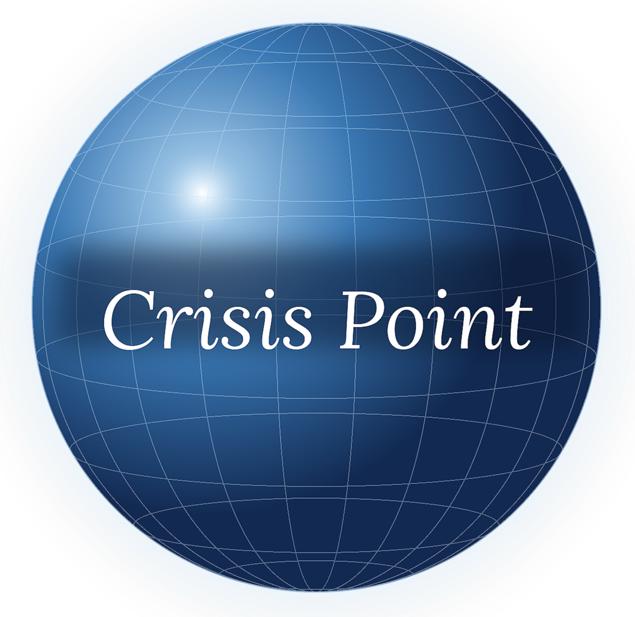 A blue digital globe with grid lines and a bright spot, featuring the text 'Crisis Point' in white in the center.