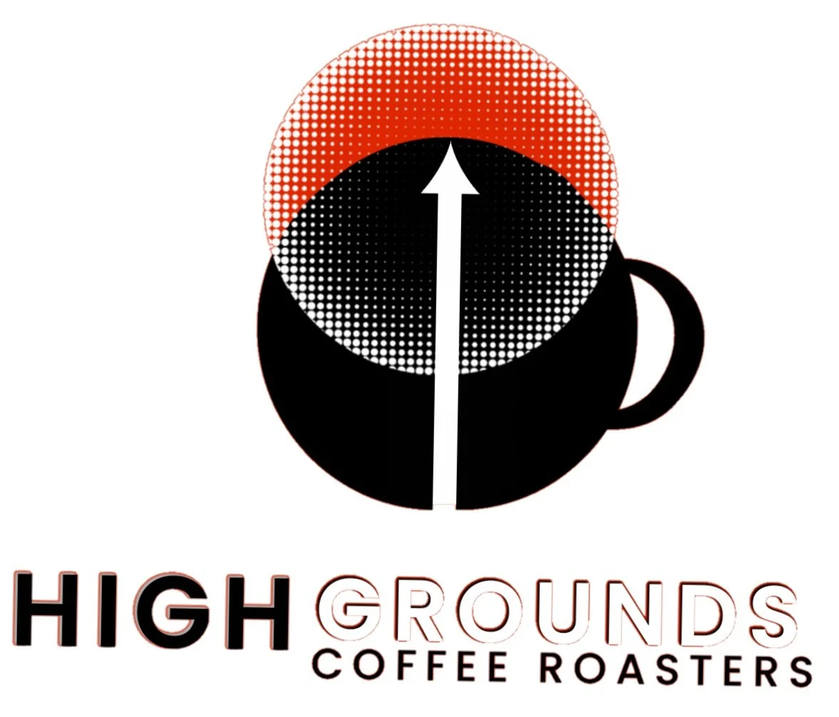 Logo for High Grounds Coffee Roasters featuring a black coffee mug with a white arrow pointing upward and a red circle with halftone pattern above the mug. The text reads 'HIGH GROUNDS COFFEE ROASTERS' with 'HIGH' in bold black letters, 'GROUNDS' in outlined letters, and 'COFFEE ROASTERS' in smaller black text.