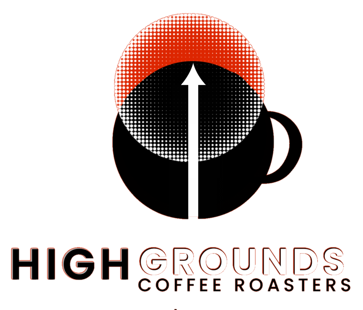 A logo for High Grounds Coffee Roasters featuring a black coffee mug with a white arrow pointing upward through the center, a red semicircle at the top of the mug, and the company name in bold black, red, and white text beneath.