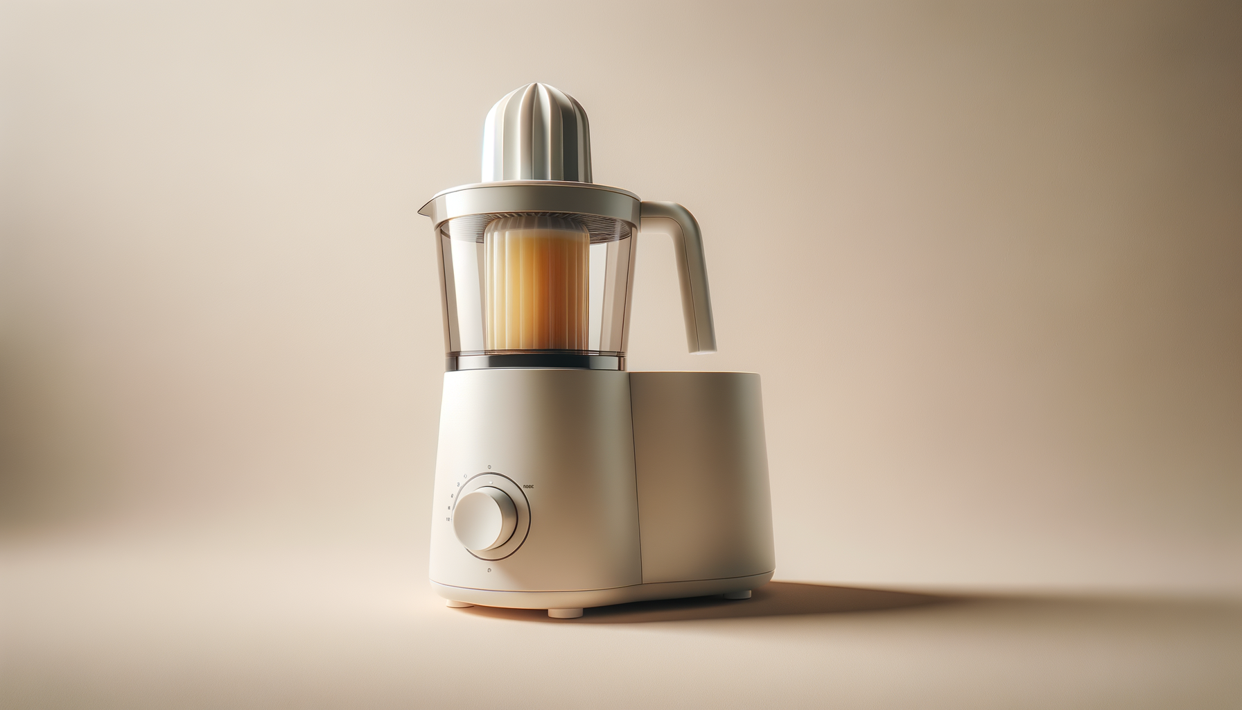 A modern white blender on a beige surface with a neutral background.