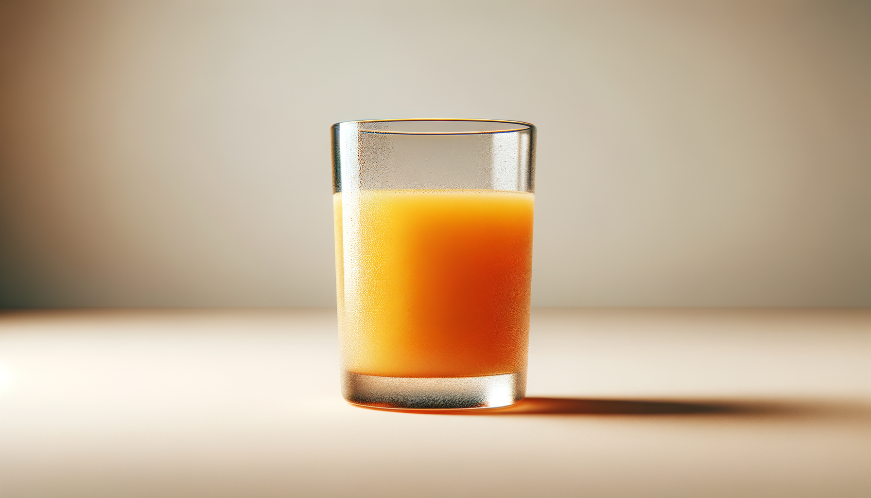 A clear glass filled with orange juice, placed on a light-colored surface with a plain beige background.