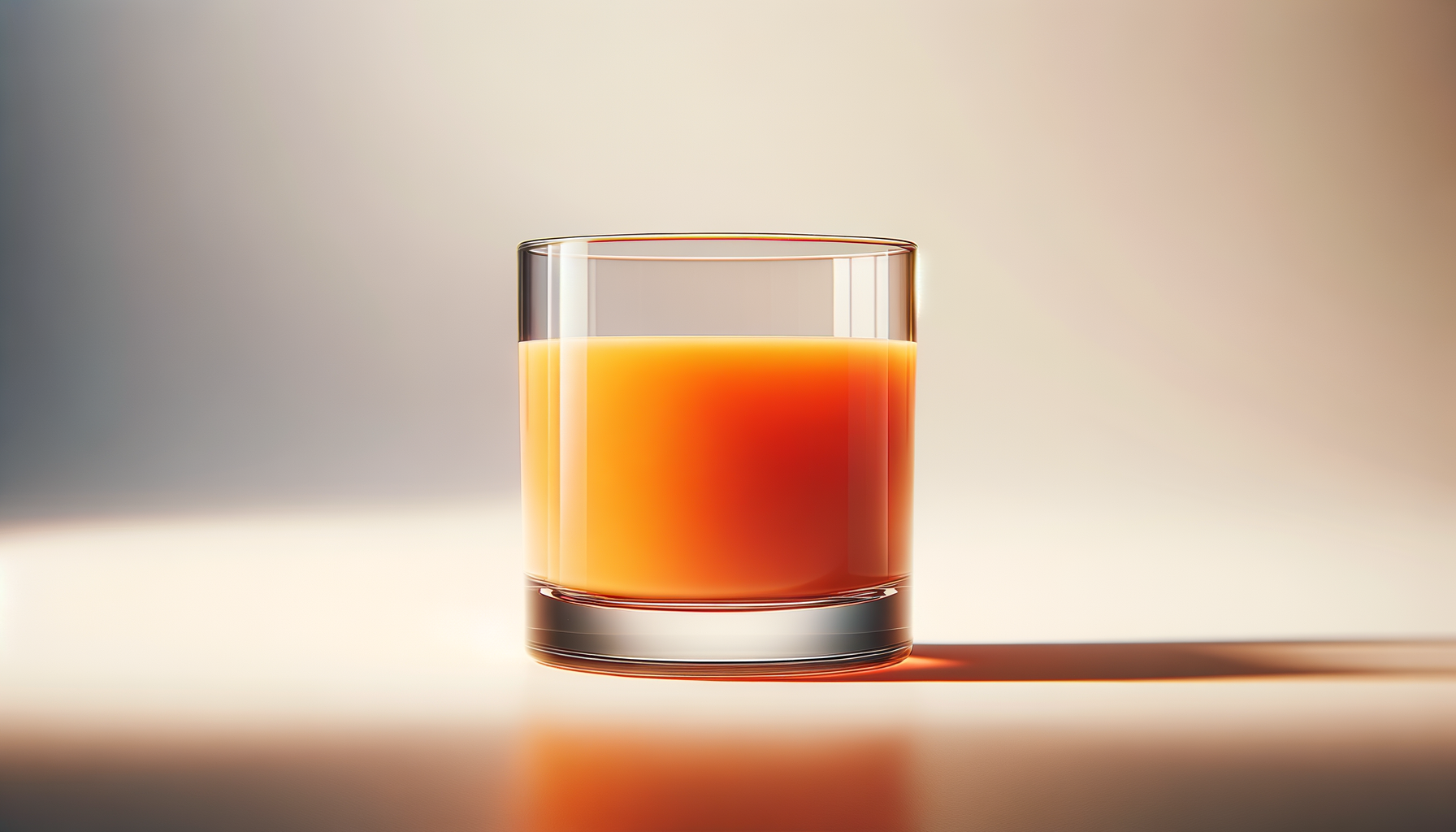A glass of orange juice on a light-colored surface with a neutral background.