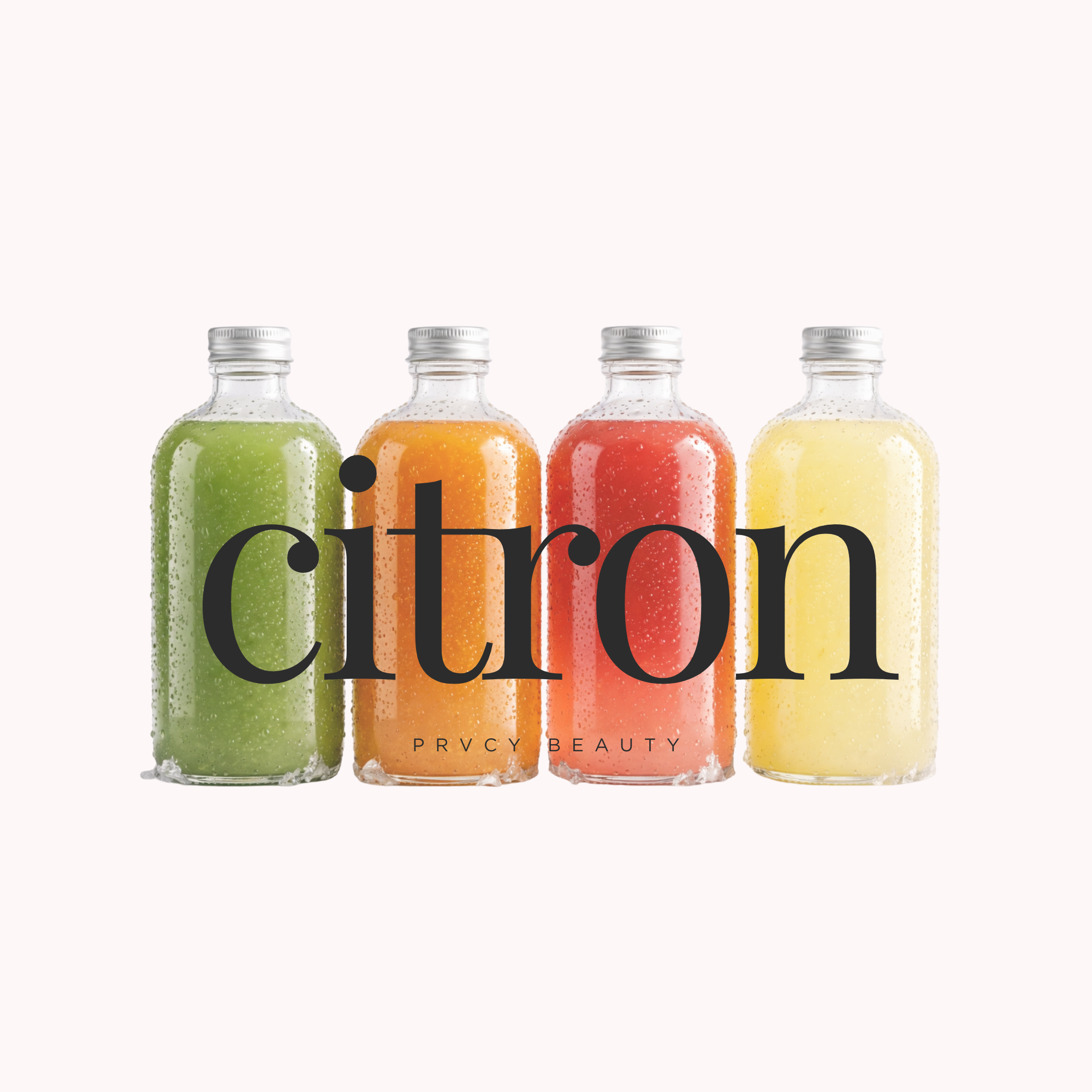 Four glass bottles filled with colorful fruit juice drinks in green, orange, red, and yellow, with condensation on the bottles, and the word 'citron' in large black text overlaid. Small text reads 'PRVCY BEAUTY'.
