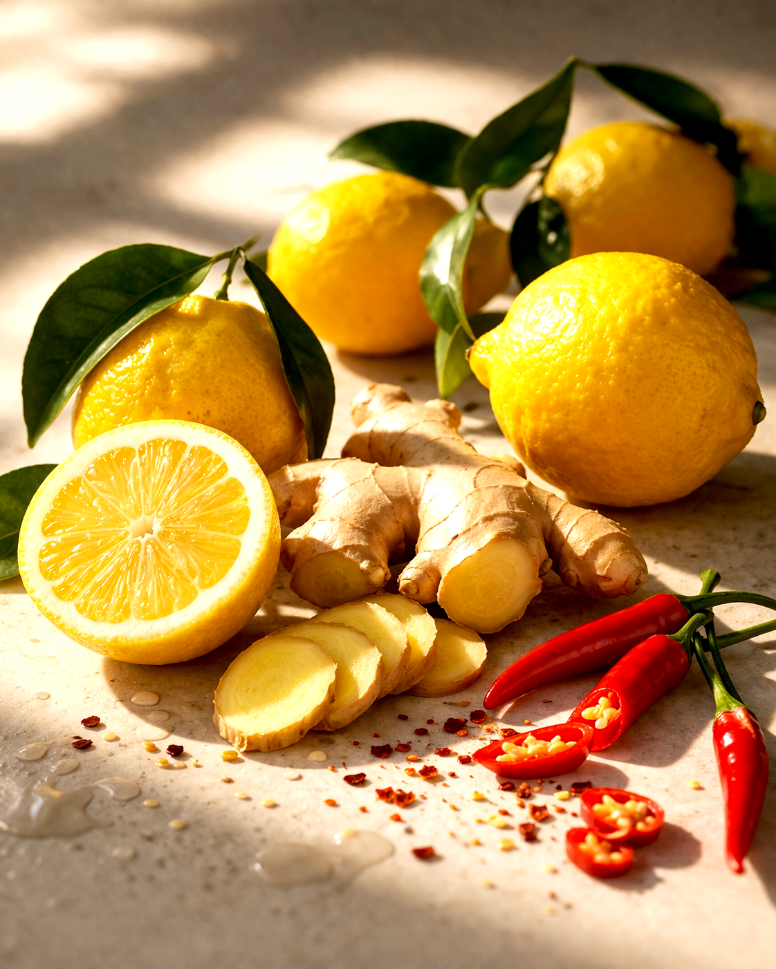 Lemons, ginger, red chili peppers, and chili flakes on a surface with sunlight and shadows.