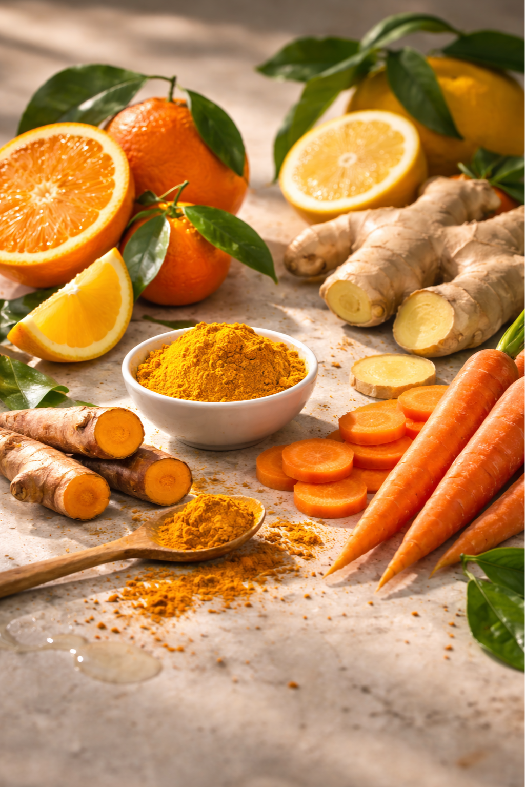 Fresh oranges, lemon, ginger, carrots, and turmeric on a kitchen counter, with some spices in a bowl and a wooden spoon.