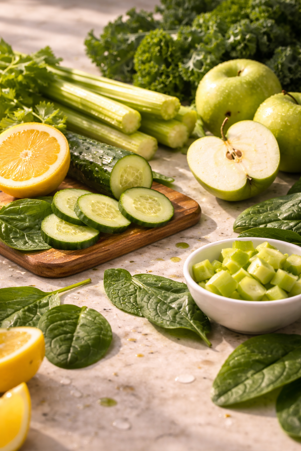 A variety of green vegetables and fruits including celery, cucumbers, green apples, spinach, and kale, along with lemon halves on a marble countertop.