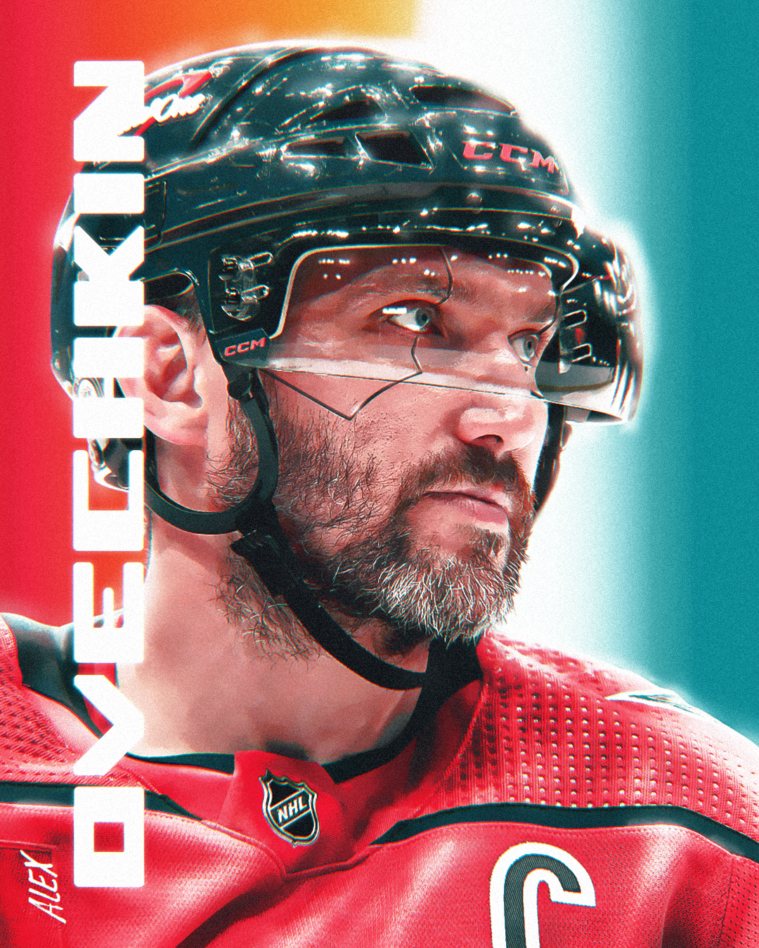 Close-up of an ice hockey player wearing a black helmet with a face shield, red jersey, and a beard, with the name 'Alex' visible on the jersey and a logo on the shoulder.