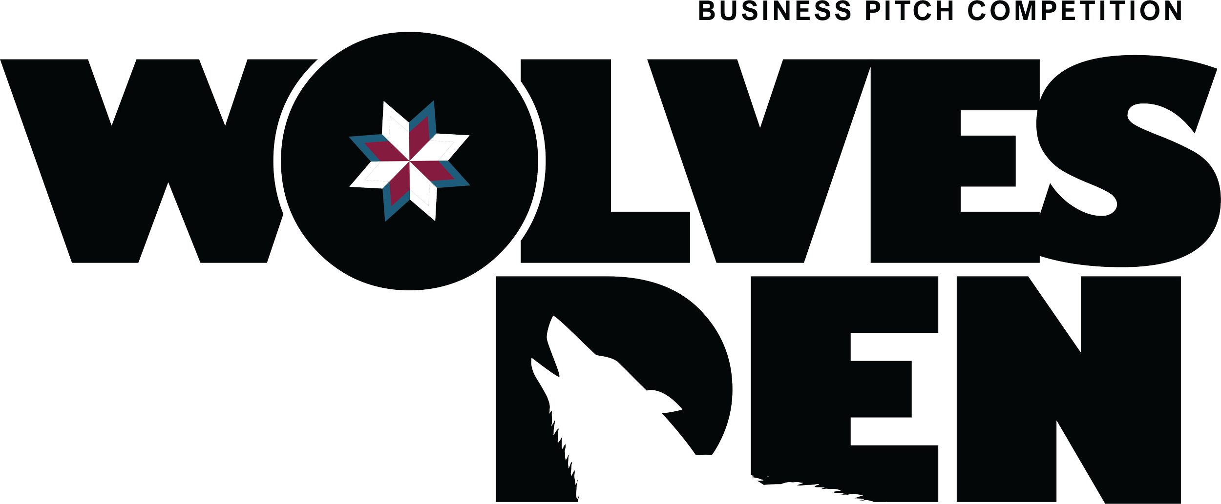 Text reading 'WOLVES' with a wolf silhouette inside the letter 'O' and a star logo in the middle of the 'O', along with smaller text 'BUSINESS PITCH COMPETITION' at the top.