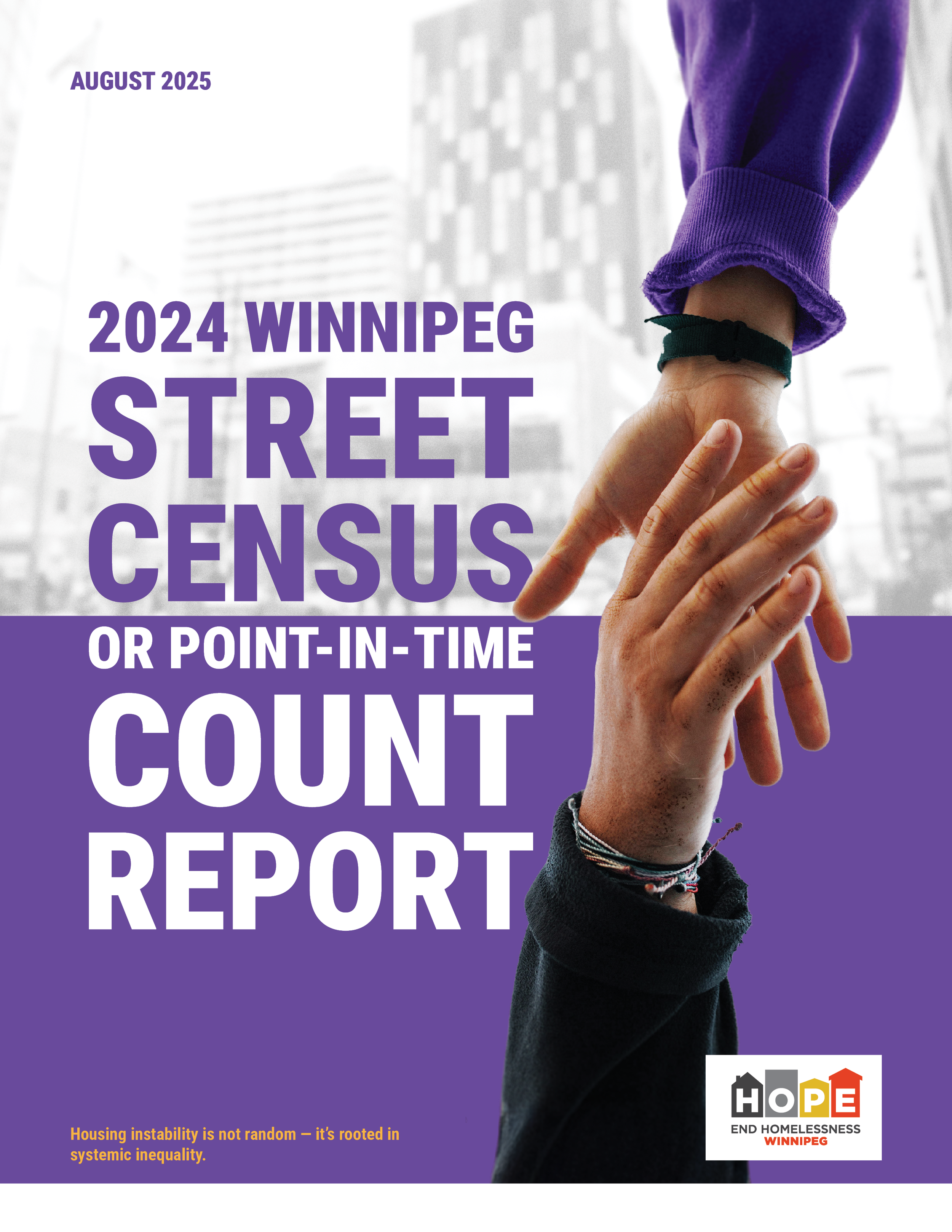Cover page of the 2024 Winnipeg Street Census or Point-in-Time Count Report featuring two hands, one raised and one pointing, over a cityscape background, with the HOPE logo and a note about housing instability.