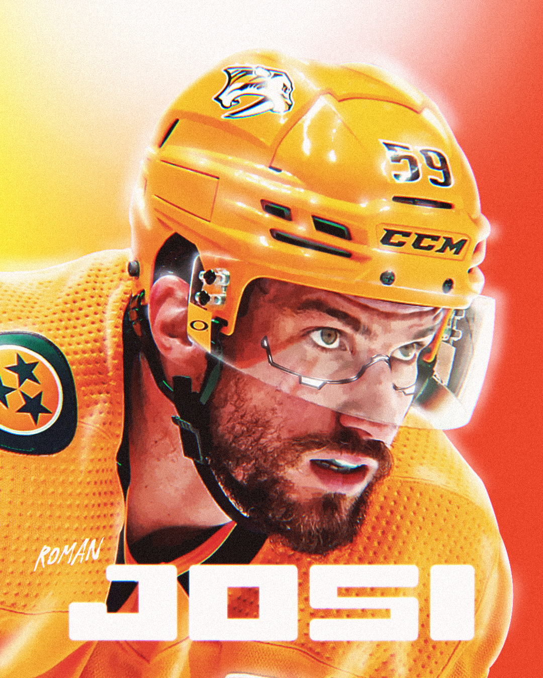Close-up of a hockey player wearing a yellow helmet and jersey, with the name JOSO and number 59, focusing intently on the game.