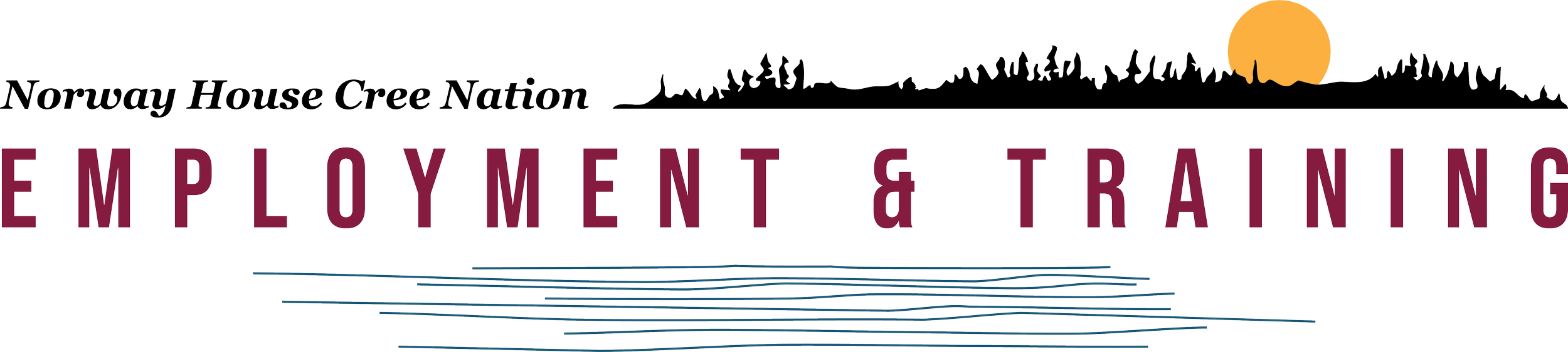 Logo for Norway House Cree Nation Employment & Training with a sunset over a forest silhouette and blue line art representating water.