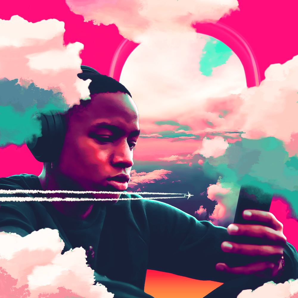 A woman wearing headphones looking at her phone, with a surreal background of clouds, pink sky, a rainbow, and a jet stream crossing the scene.
