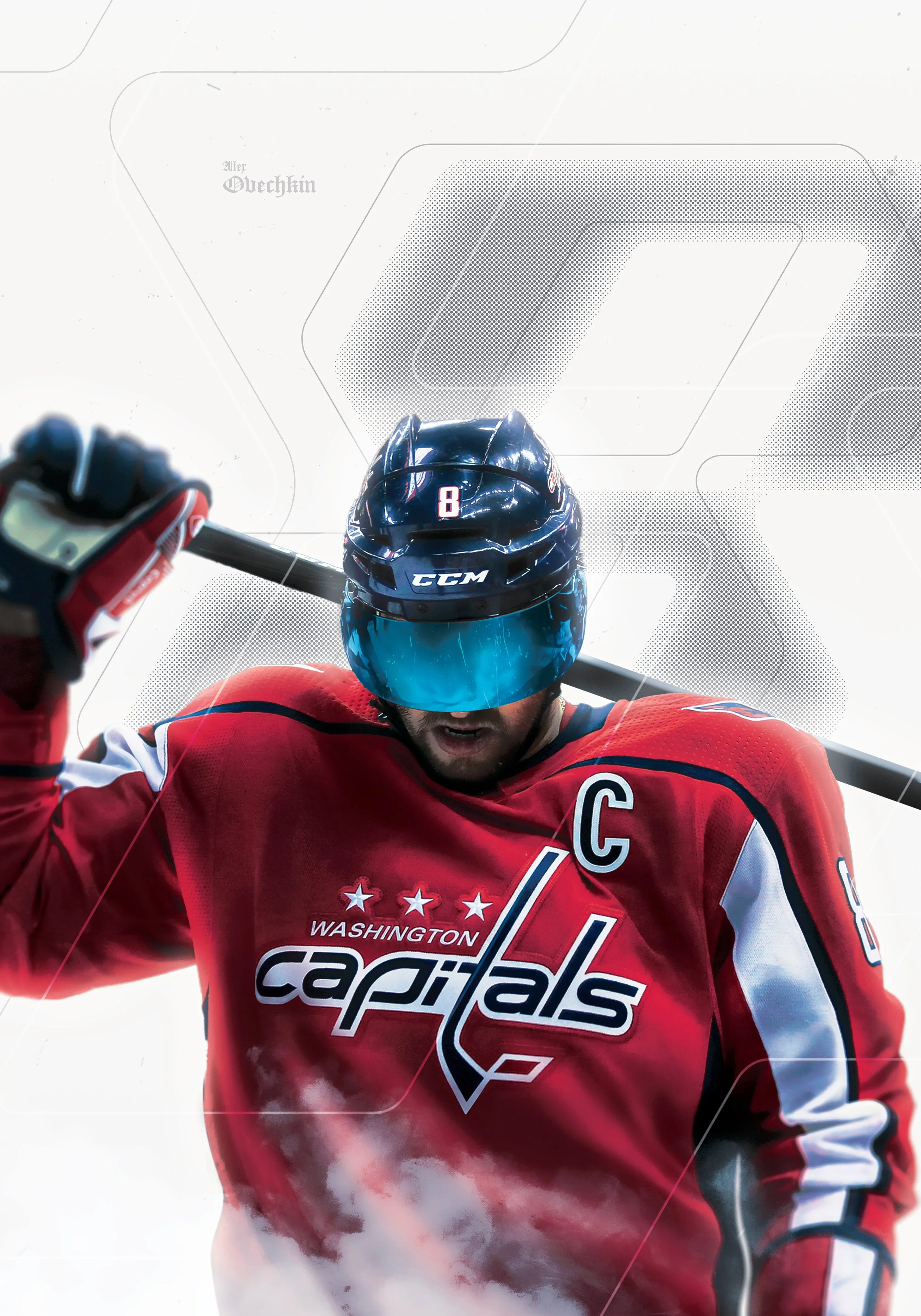 A hockey player in a Washington Capitals jersey and helmet, holding a stick, looking down, with a white background.