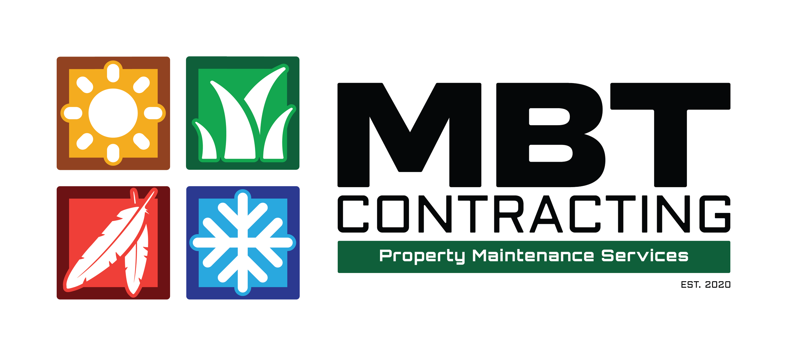Logo for MBT Contracting Property Maintenance Services, featuring icons for sun, grass, leaves, and snow, with the company name and established date 2020.