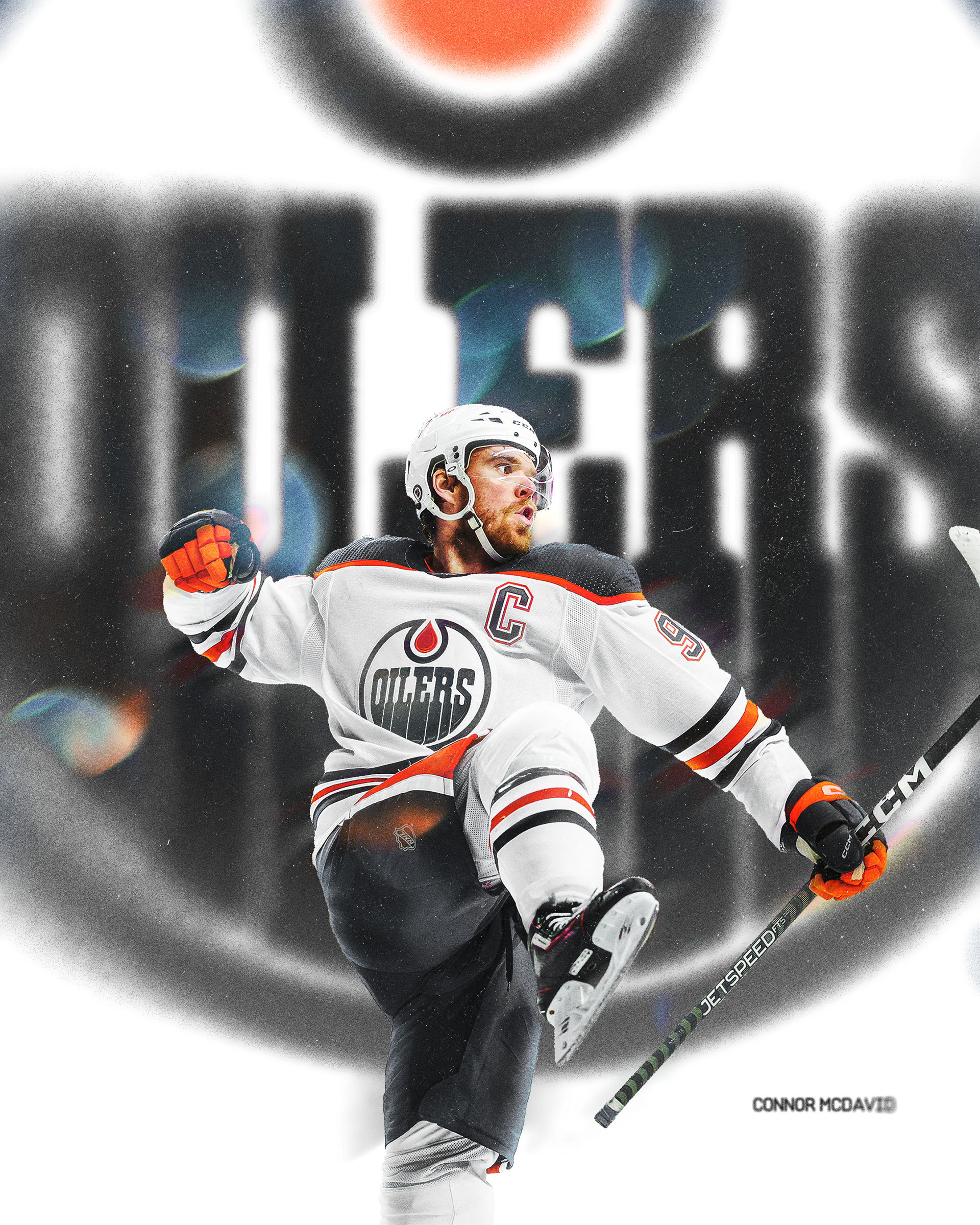 Hockey player in Edmonton Oilers jersey celebrating on ice with black background and large Oilers logo.