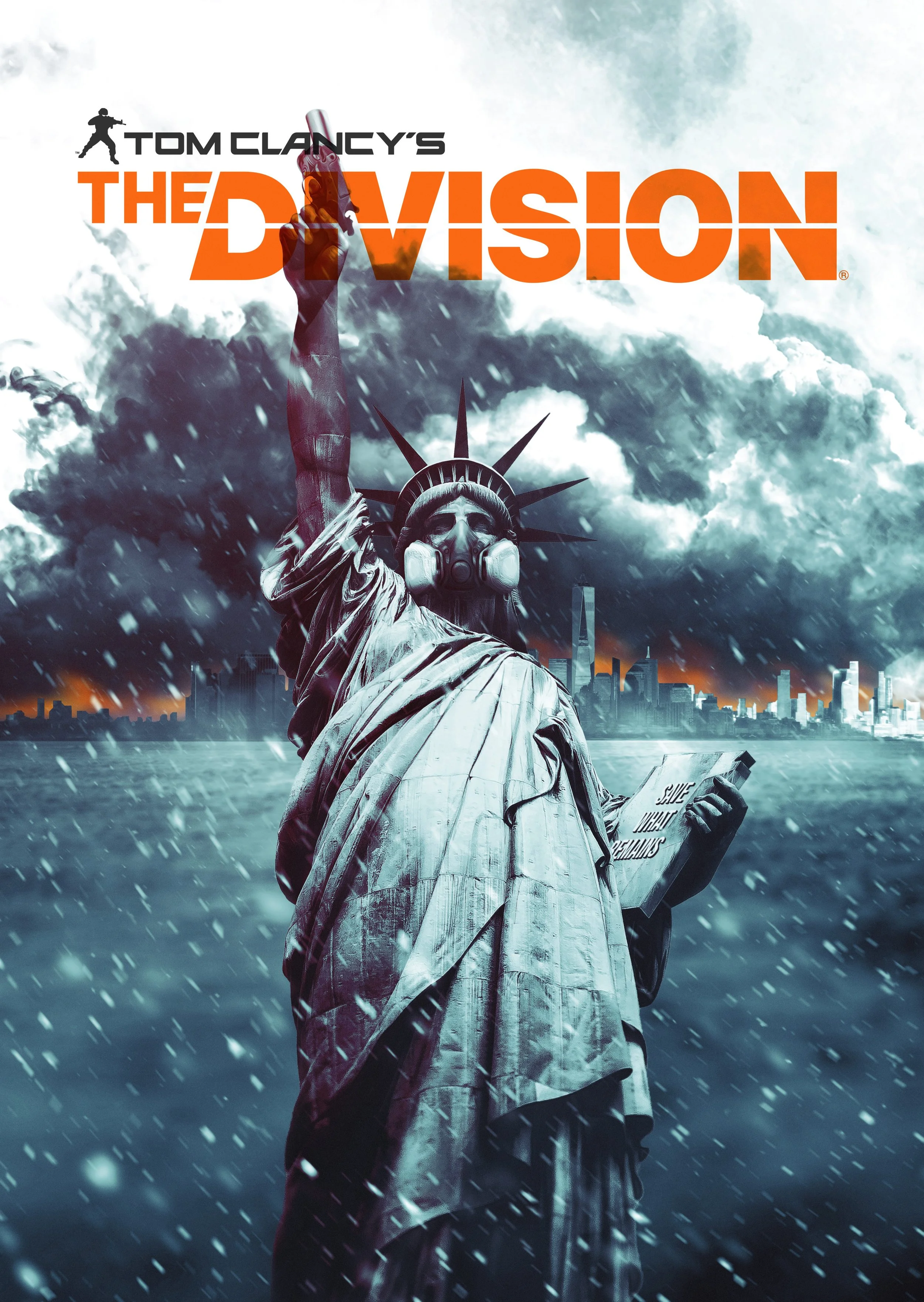 Video game cover art featuring the Statue of Liberty with a gas mask, holding a phone, with a stormy sky and city skyline in the background, for Tom Clancy's The Division.