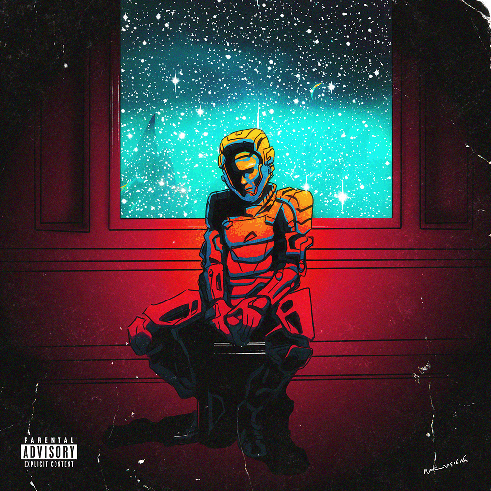 Illustration of a humanoid figure in red and orange spacesuit sitting in front of a large window showing a starry space scene.