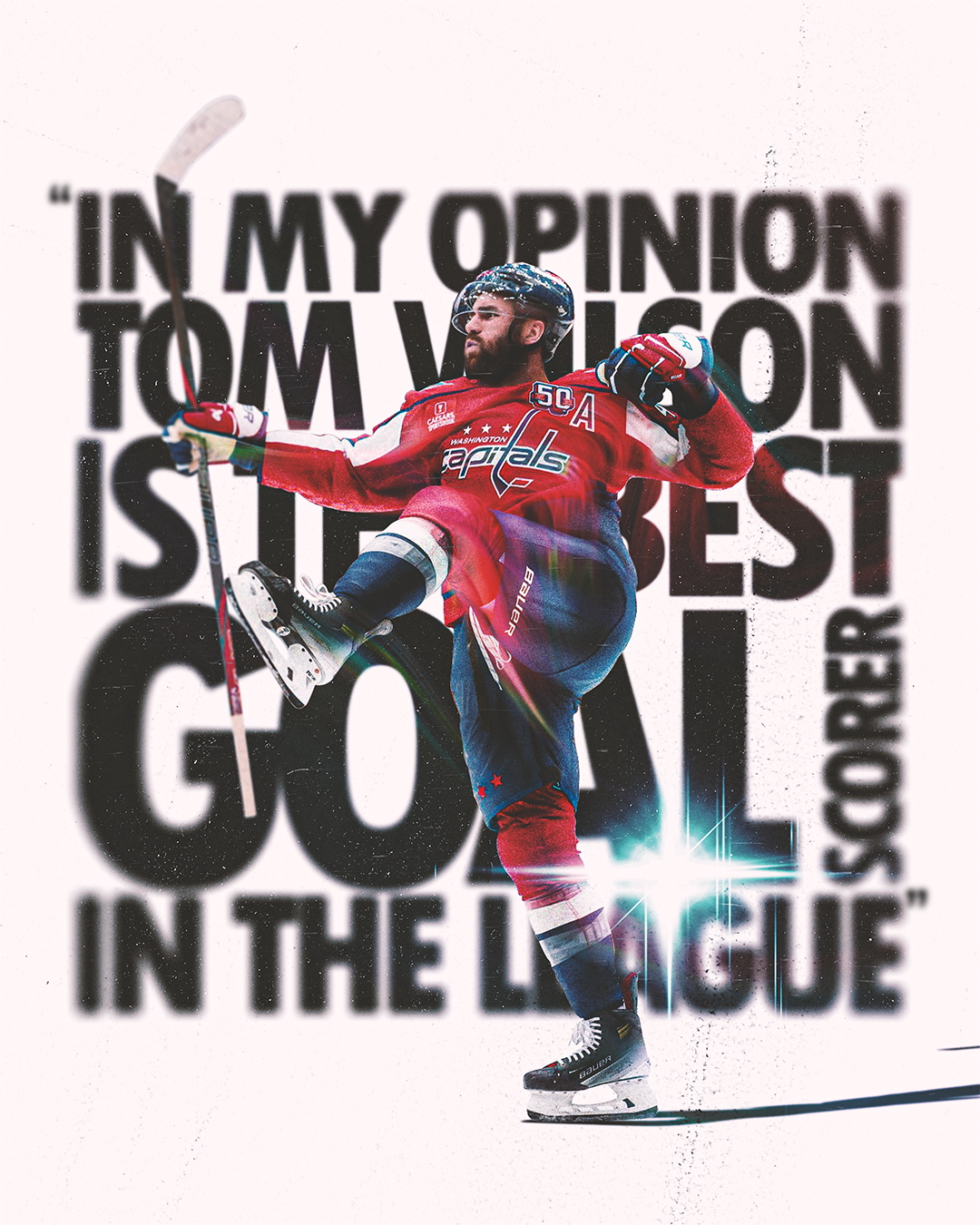 Hockey player in Washington Capitals jersey doing a celebratory pose on ice, with a motivational quote in the background.