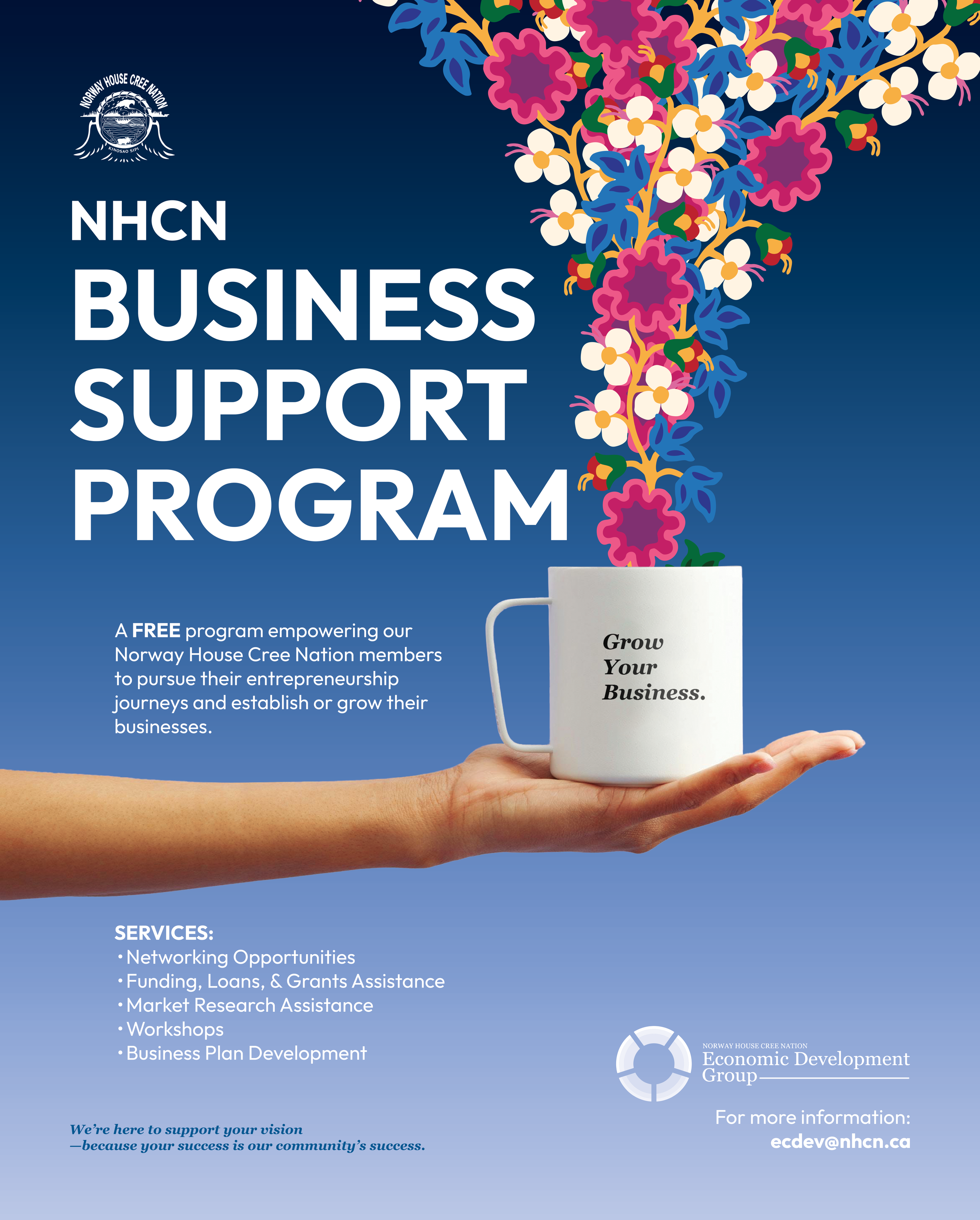A promotional flyer for the NHCN Business Support Program featuring colorful floral graphics, a hand holding a mug with the words 'Grow Your Business,' and information about available services and contact details.