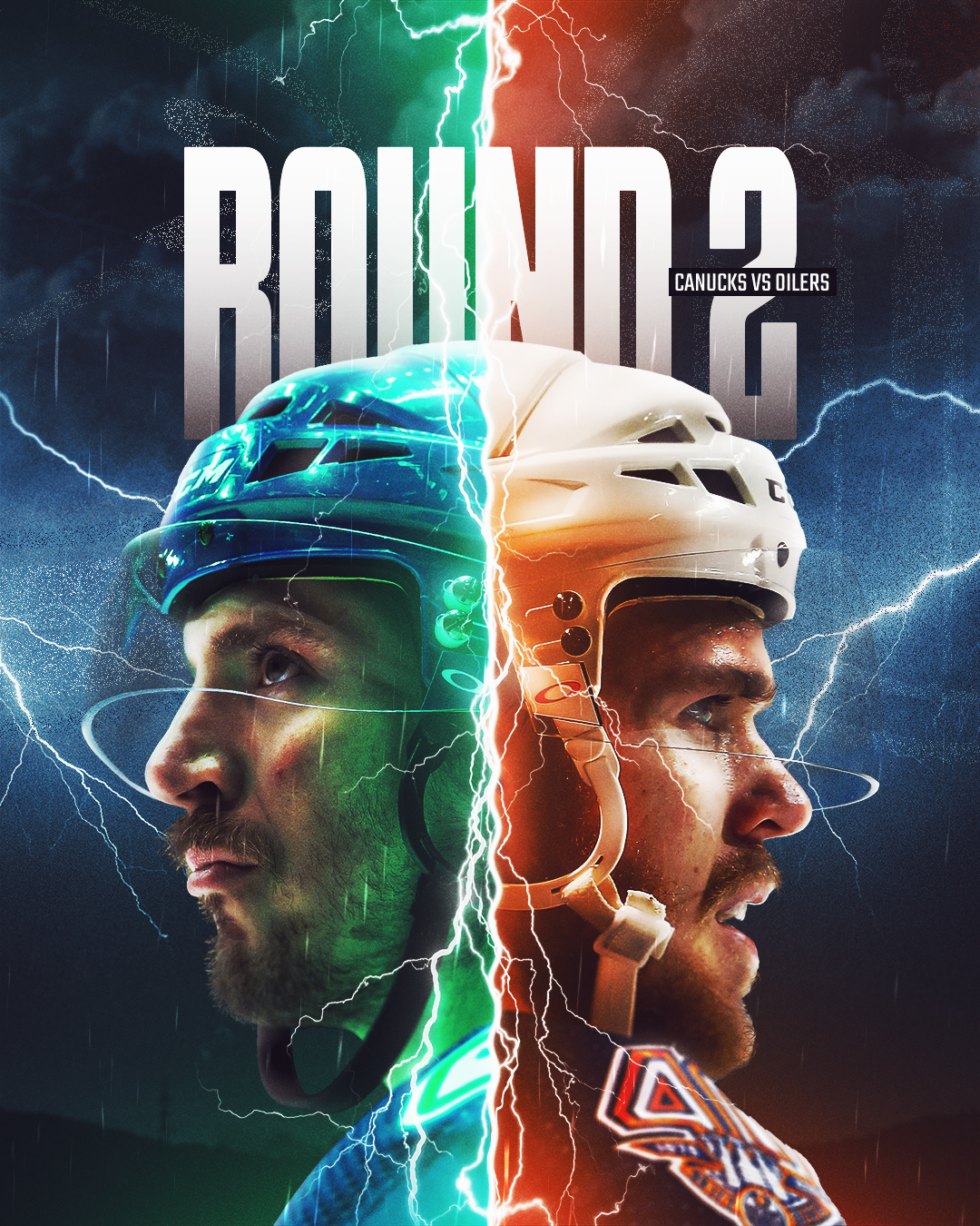 Split image of two hockey players facing each other with helmets, thunder and lightning in the background, and the words "RIVALRY 2: CANUCKS VS OILERS" at the top.