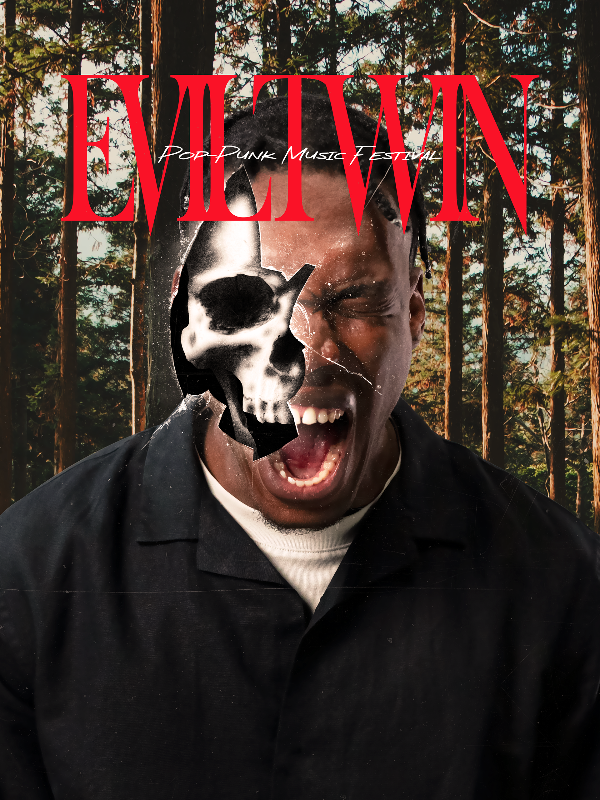 A young man with braided hair screaming with eyes closed, wearing a black jacket and a white shirt, in a forest with tall trees, with a torn skull graphic overlay on his face, and red text reading 'ELEVWN' and smaller text 'Pop Punk Music Festival'.