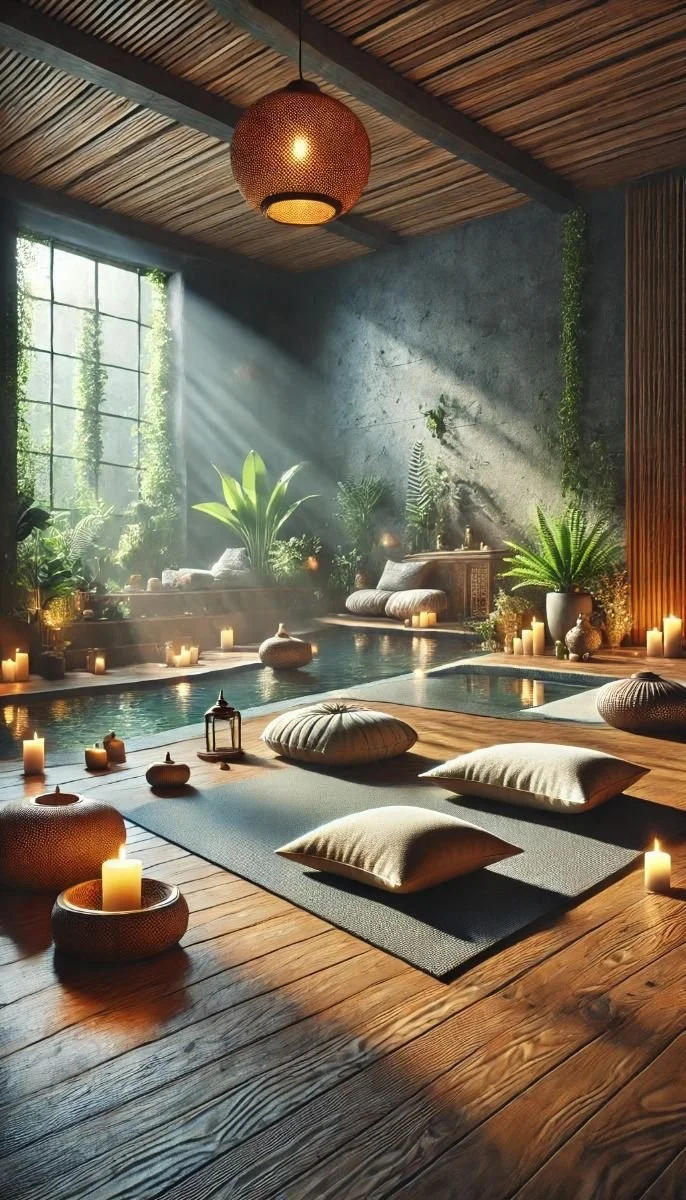 A peaceful indoor spa room with a wooden ceiling, large window letting in sunlight, potted plants, candles, and a small pool or hot tub. Floor has mats, pillows, and decorative candles creating a calming atmosphere.