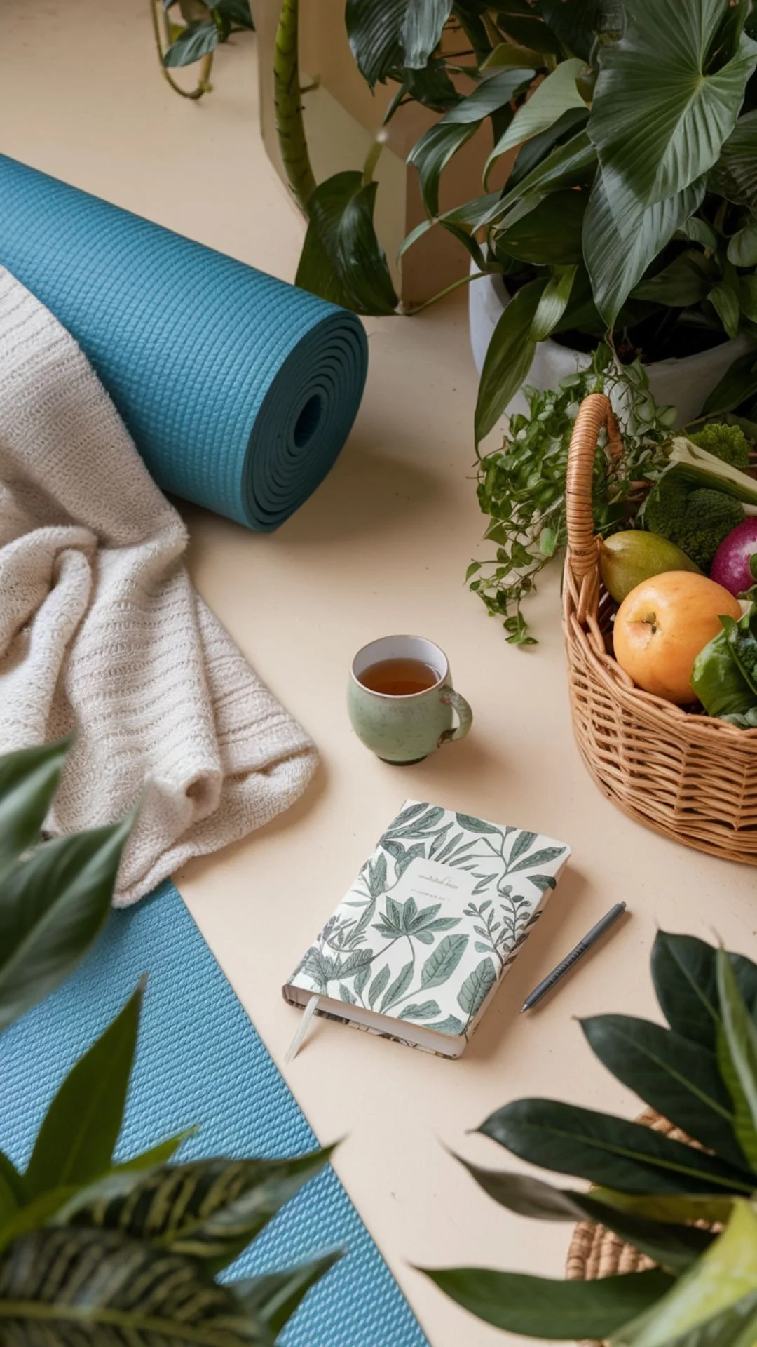 A beige table with a green notebook and pen, a ceramic mug with tea, a basket of fresh fruit including apples and pears, a blue yoga mat partially rolled, a cream-colored knitted blanket, and various green potted houseplants.