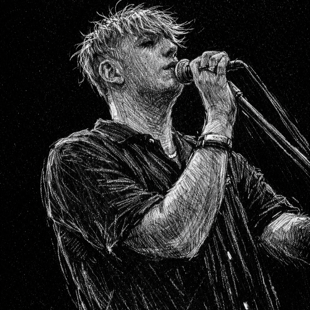 Black and white artistic sketch of a young man singing into a microphone, dressed in a black shirt, with water droplets on his face and hair held back, set against a dark background.