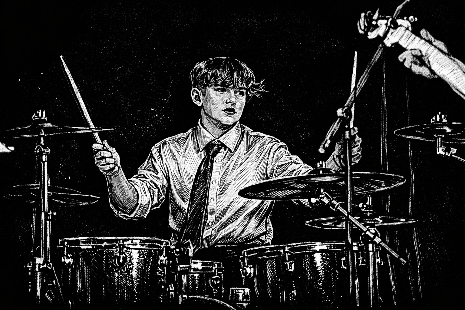 Black and white illustration of a young man playing drums with a focused expression, wearing a shirt and a tie, surrounded by drum set pieces and cymbals.