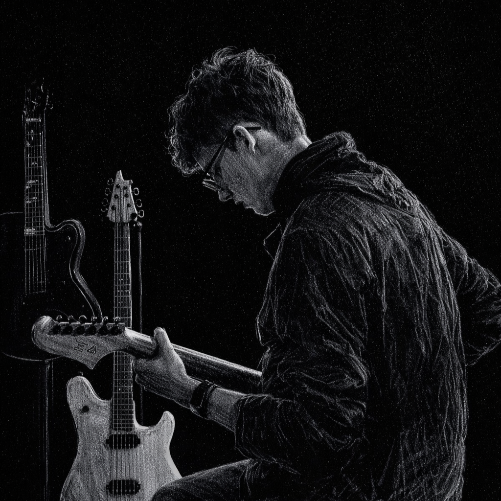 A man in glasses and a dark jacket playing an electric guitar, with other guitars on stands behind him, set against a dark background with light speckles.