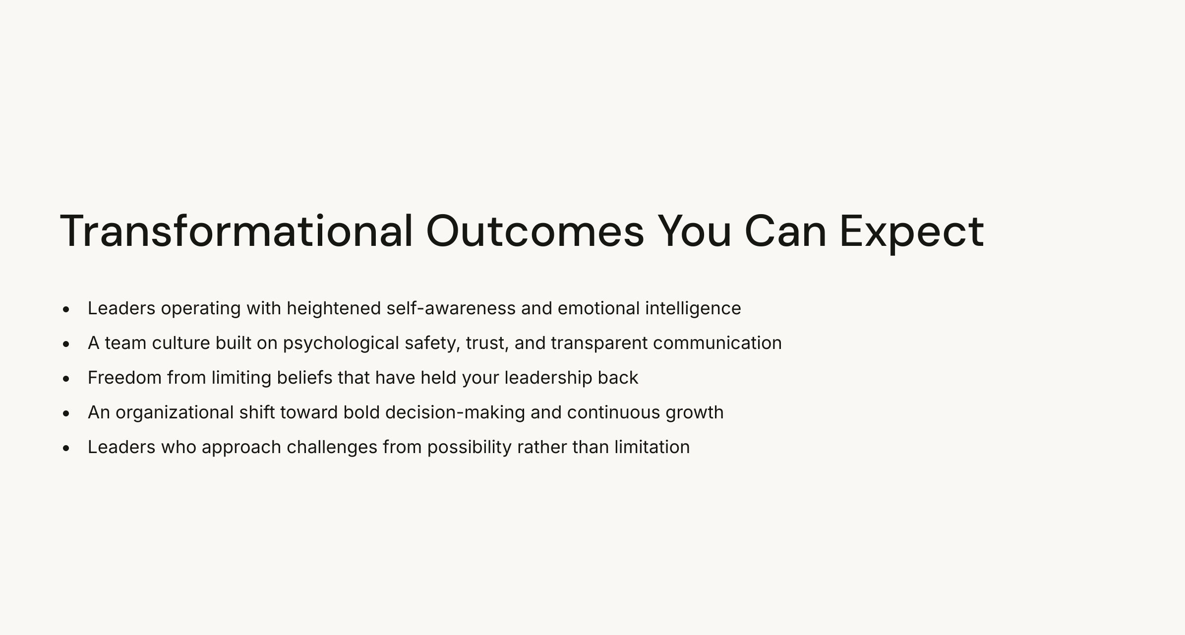 Slide titled 'Transformational Outcomes You Can Expect' listing five bullet points about leadership and organizational growth.