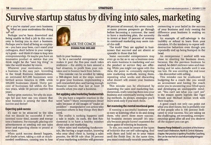 'Survive startup status by diving into sales, marketing' written by Duanna Pang published in Birmingham Business Journal.