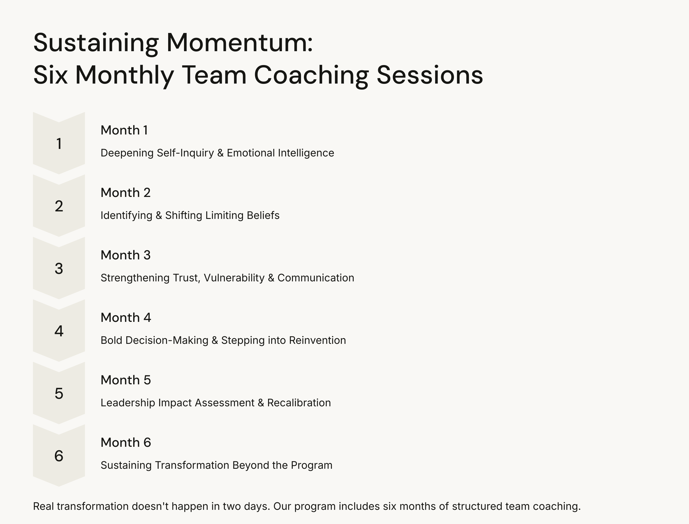 Overview of a six-month team coaching program titled 'Sustaining Momentum' with monthly focus areas listed from Month 1 to Month 6, including topics like self-inquiry, belief shifting, trust building, decision-making, leadership impact assessment, and sustaining transformation.