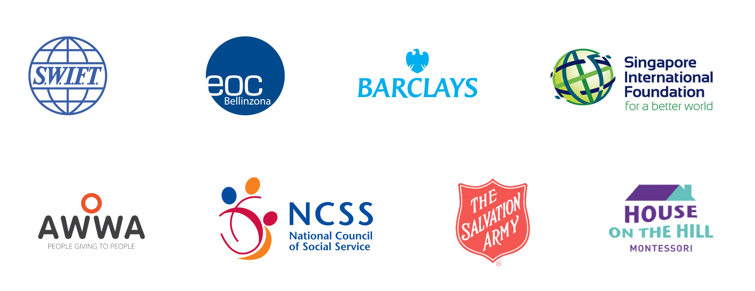Clients in Europe and Asia: including SWIFT, EOC Bellinzona, Barclays, Singapore International Foundation, AWWA, NCSS, Salvation Army, and House on the Hill Montessori.