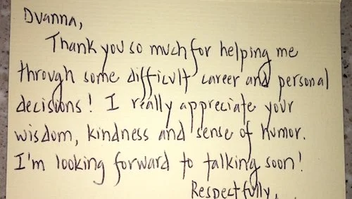 Thank you card to Duanna Pang from a physician, expressing gratitude for help with career and personal decisions, appreciation for wisdom, kindness, and humor.