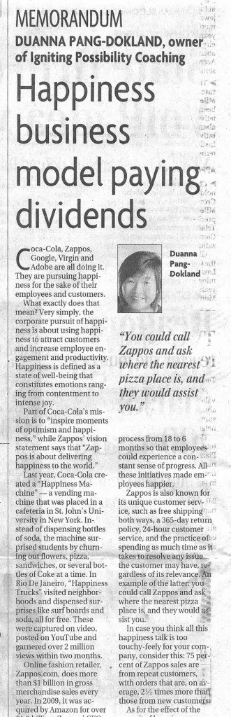 "Happiness business model paying dividends" written by Duanna Pang published in The Birmingham Times newspaper.
