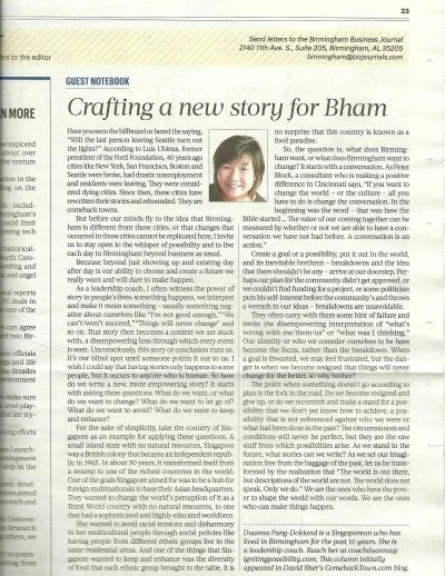 'Crafting a new story for B'ham' - article written by Duanna Pang published in the Birmingham Business Journal.