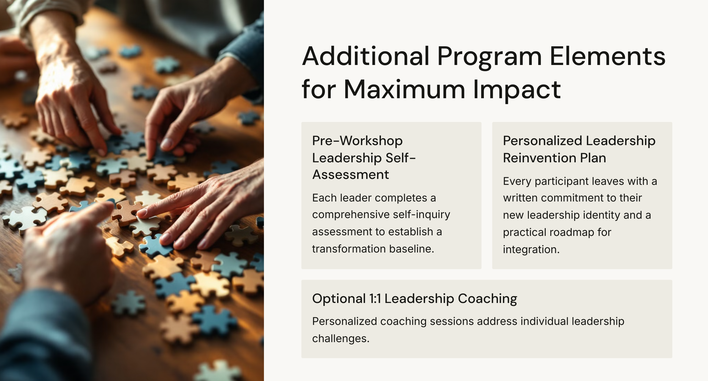 'Additional Program Elements for Maximum Impact' listing leadership assessments and 6-month follow-up leadership coaching options.